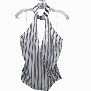 BeBe NWT Striped Summer Surplice Halter Summery Tank Blouse Blue White Size MD